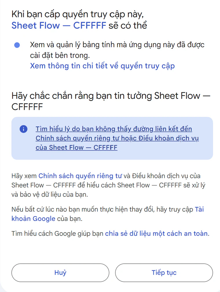 Màn hình cấp quyền: Sheet Flow — tên website sẽ có thể “Xem và quản lý bảng tính mà ứng dụng này đã được cài đặt bên trong”, nút “Tiếp tục” ở cuối